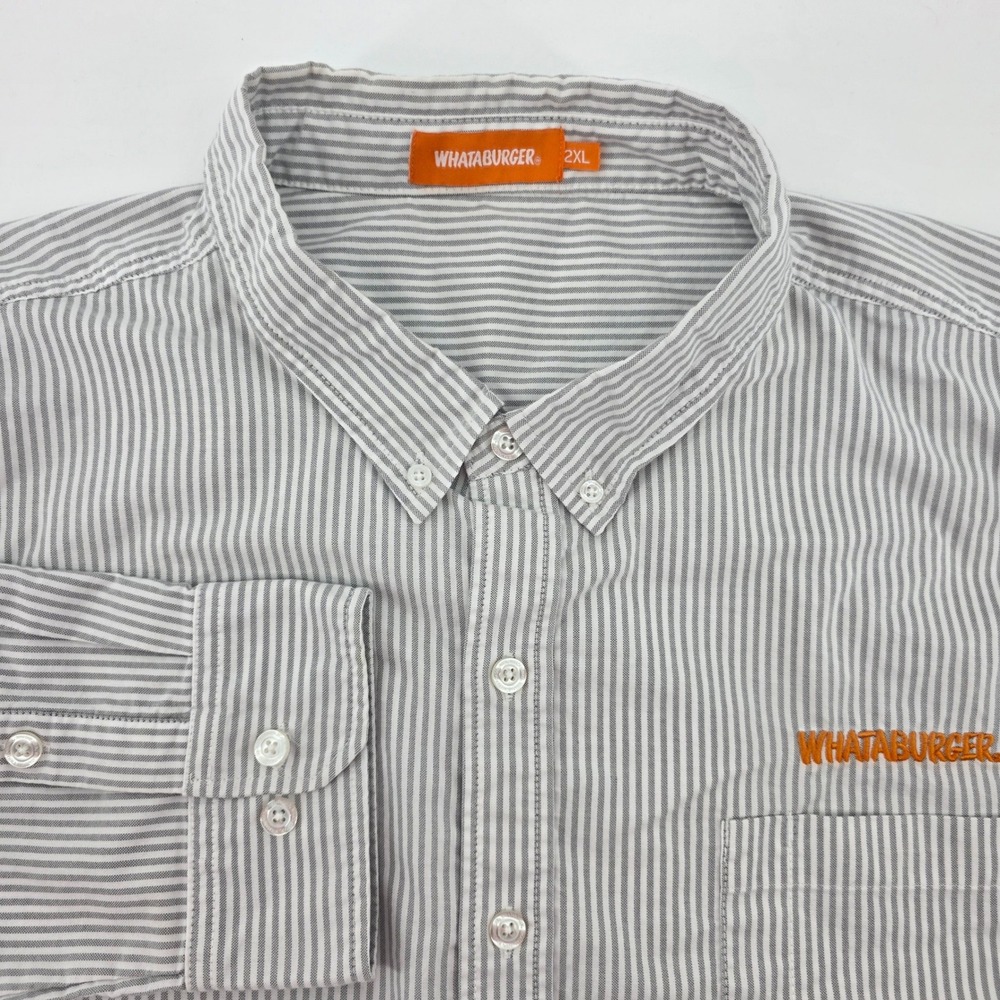 Whataburger Mens 2XL Grey White Striped Long Sleeve Button Down Uniform Shirt